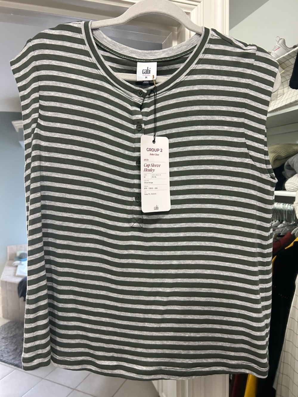 CAbi NWT cap sleeve Henley #4959 Olive & White Striped Henley Tank